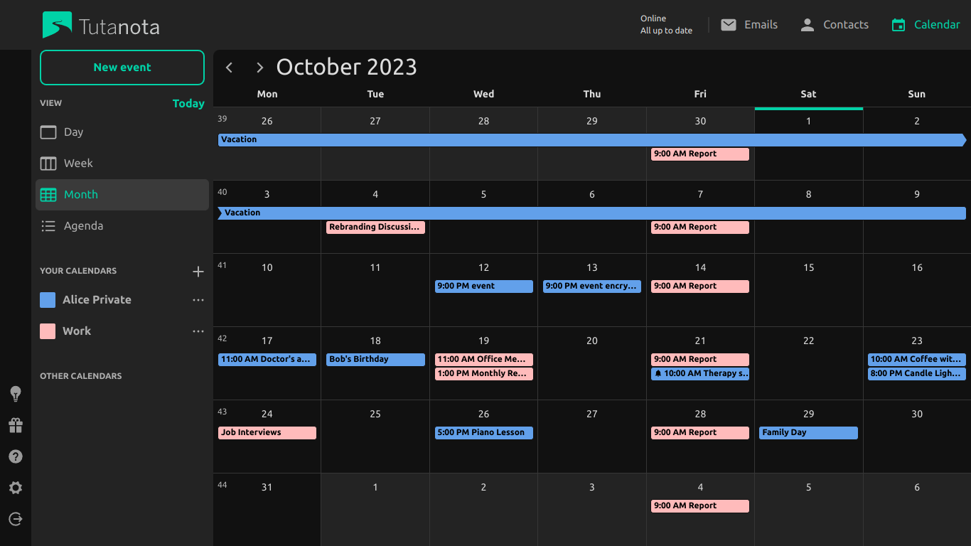 Snímek obrazovky kalendáře Tutanoty v tmavém režimu.